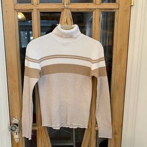 90s Northern Reflections Cream and Tan Striped Turtleneck Sweater